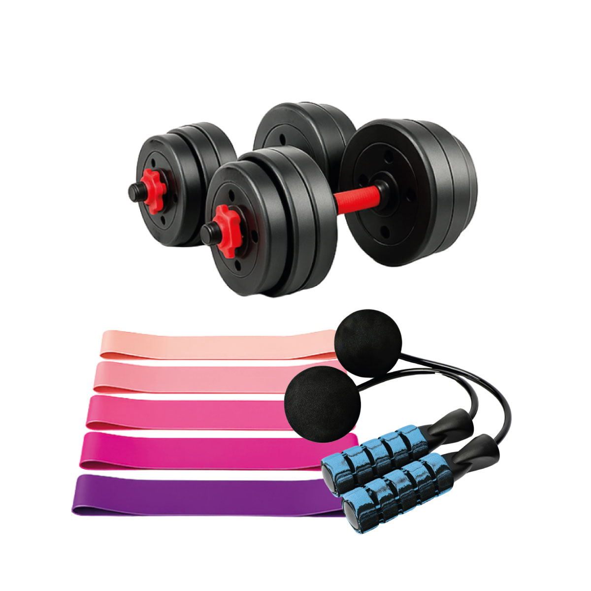 Kit Mancuernas Ajustables 15kg + Bandas de Resistencia + Cuerda de Salto